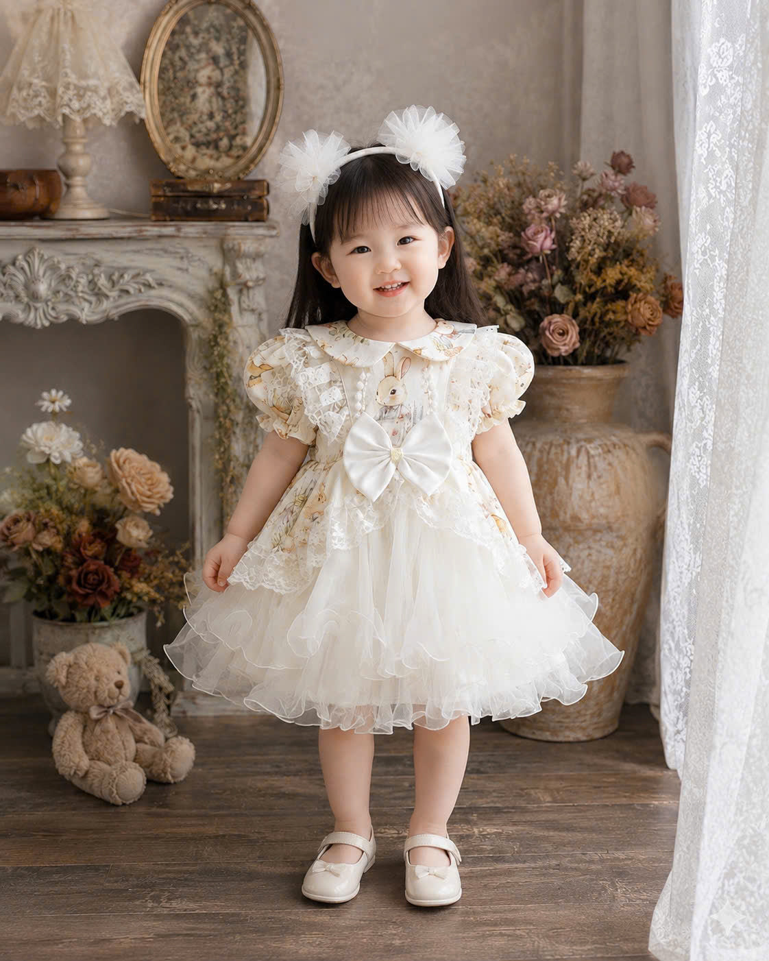 Bunny Belle Lolita Dress0-5Y | Peter Pan Collar Baby Dress with Tulle | Birthday & Photoshoot Outfit