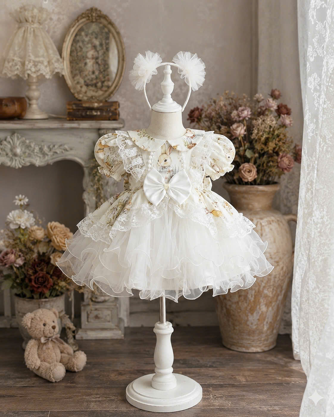 Bunny Belle Lolita Dress0-5Y | Peter Pan Collar Baby Dress with Tulle | Birthday & Photoshoot Outfit