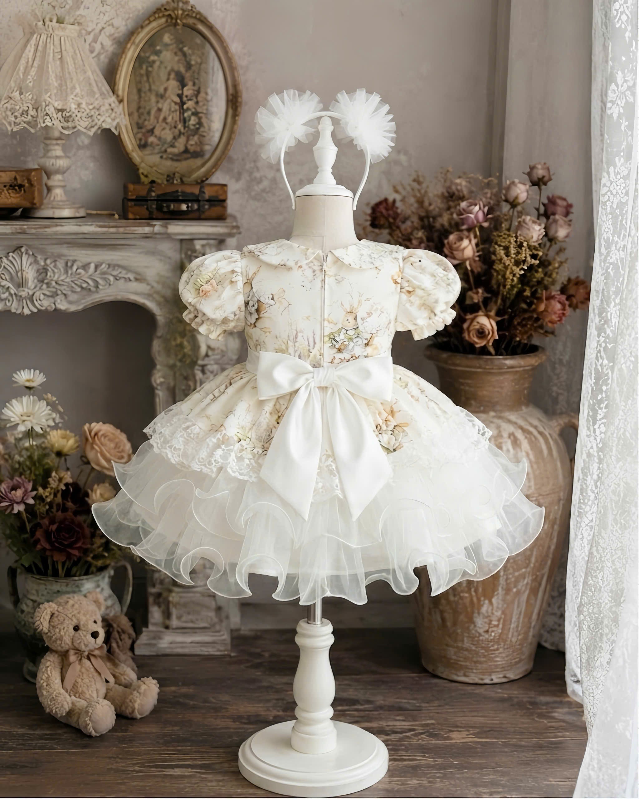 Bunny Belle Lolita Dress0-5Y | Peter Pan Collar Baby Dress with Tulle | Birthday & Photoshoot Outfit