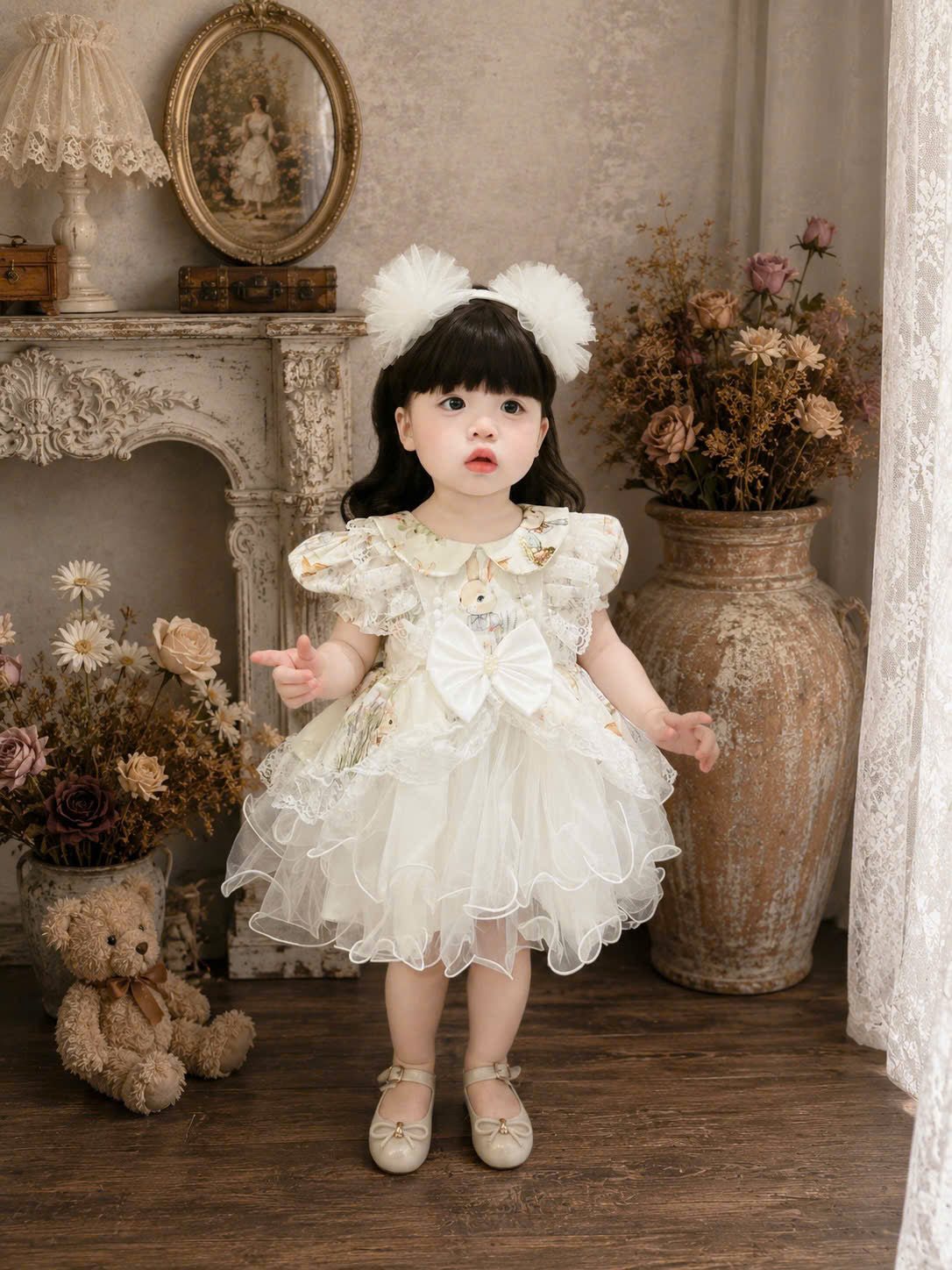 Bunny Belle Lolita Dress0-5Y | Peter Pan Collar Baby Dress with Tulle | Birthday & Photoshoot Outfit