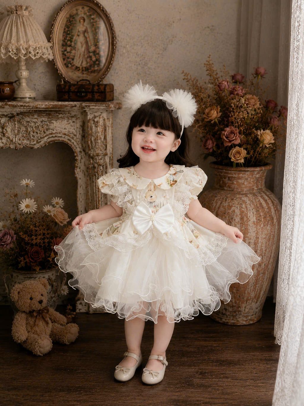 Bunny Belle Lolita Dress0-5Y | Peter Pan Collar Baby Dress with Tulle | Birthday & Photoshoot Outfit