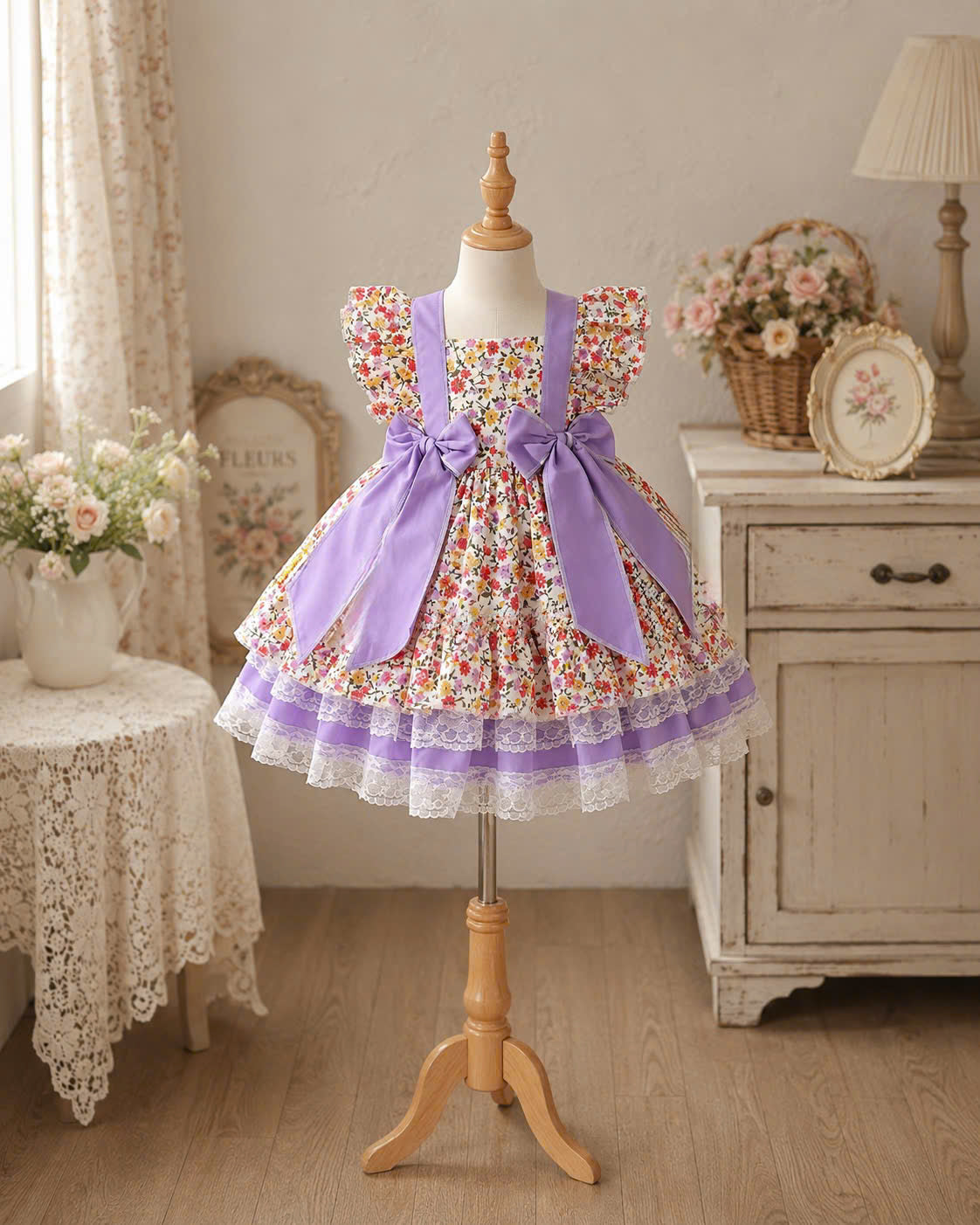 Lilac Blossom Lolita Dress 0-3Y | Floral Lace Baby Dress with Bow Headband | Photoshoot & Party Outfit