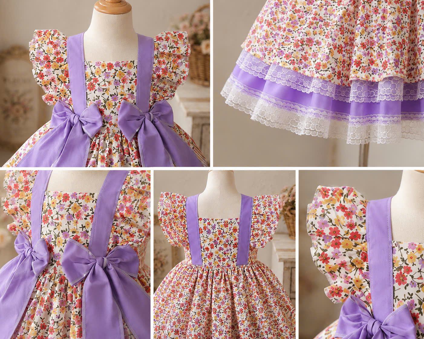 Lilac Blossom Lolita Dress 0-3Y | Floral Lace Baby Dress with Bow Headband | Photoshoot & Party Outfit