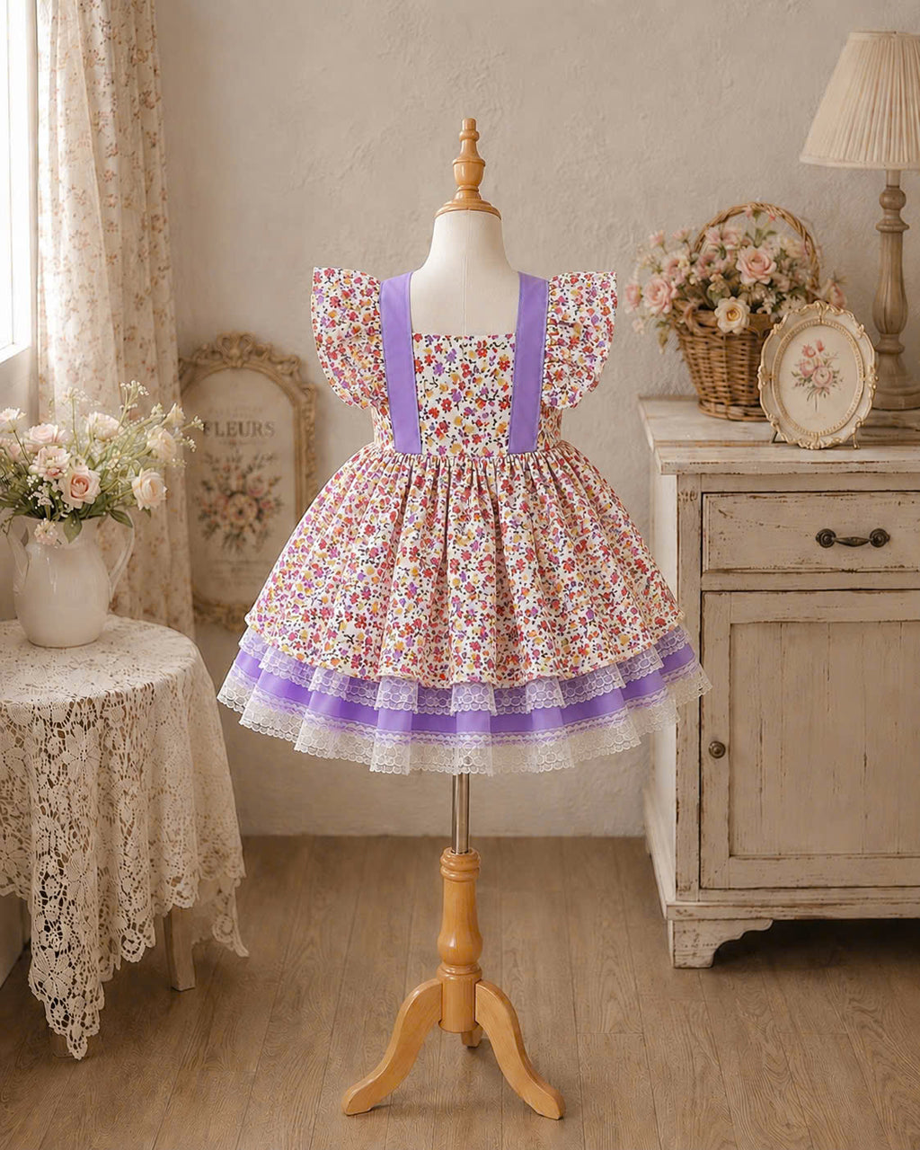 Lilac Blossom Lolita Dress 0-3Y | Floral Lace Baby Dress with Bow Headband | Photoshoot & Party Outfit