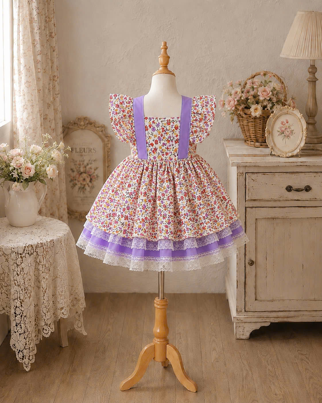 Lilac Blossom Lolita Dress 0-3Y | Floral Lace Baby Dress with Bow Headband | Photoshoot & Party Outfit