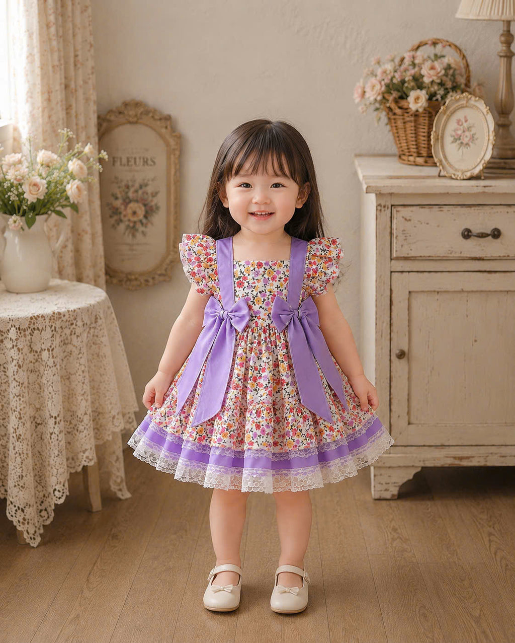 Lilac Blossom Lolita Dress 0-3Y | Floral Lace Baby Dress with Bow Headband | Photoshoot & Party Outfit