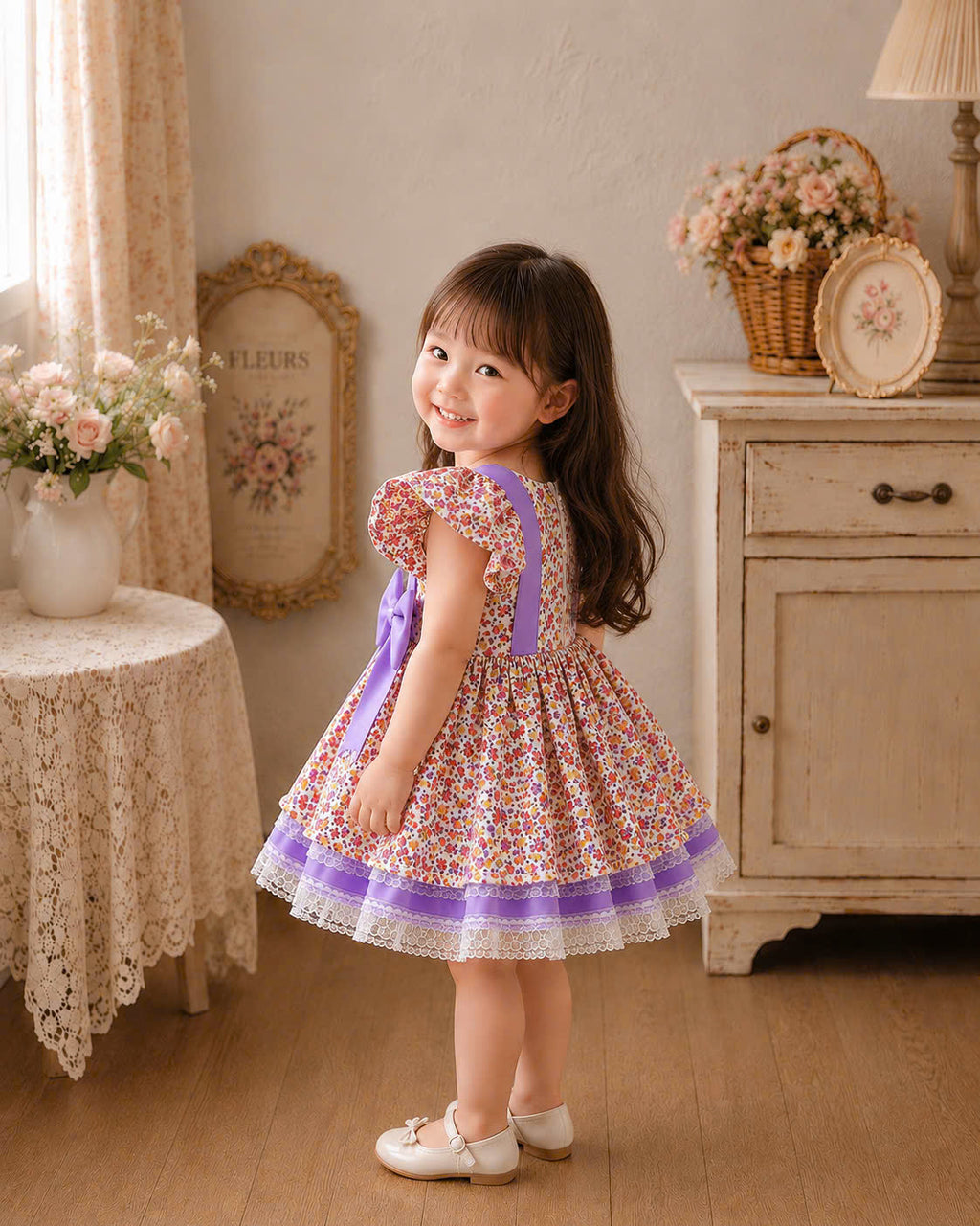 Lilac Blossom Lolita Dress 0-3Y | Floral Lace Baby Dress with Bow Headband | Photoshoot & Party Outfit
