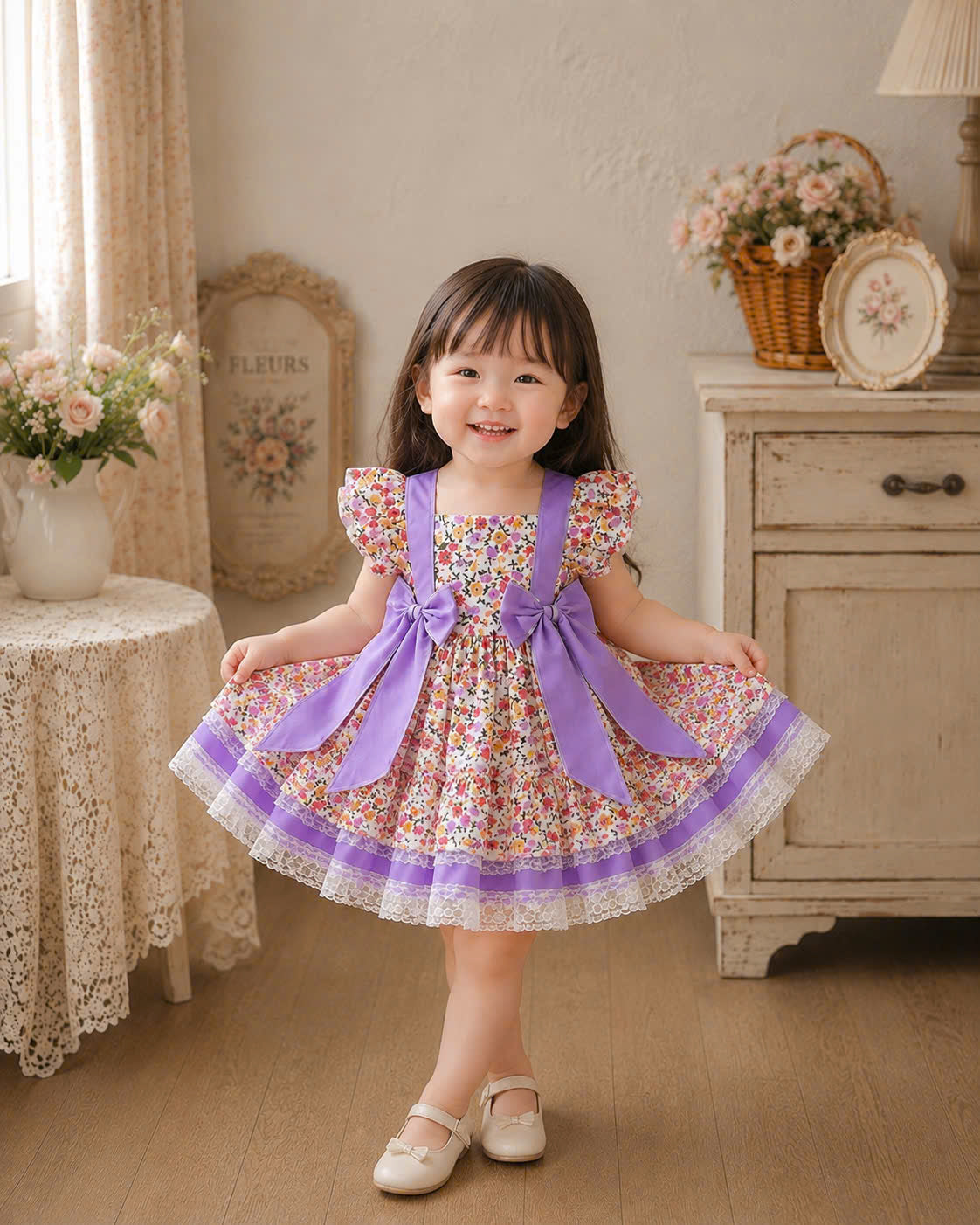 Lilac Blossom Lolita Dress 0-3Y | Floral Lace Baby Dress with Bow Headband | Photoshoot & Party Outfit