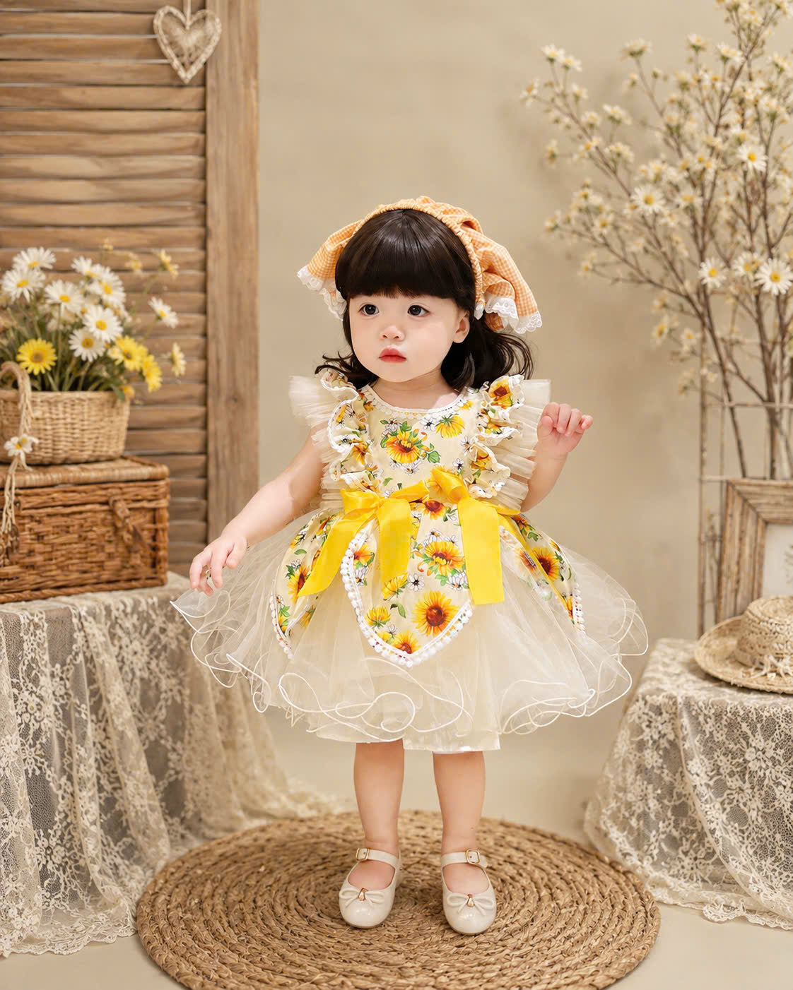 Sunflower Lolita Dress 0-5Y | Floral Tulle Baby Dress with Gingham Headband | Birthday & Photoshoot Outfit