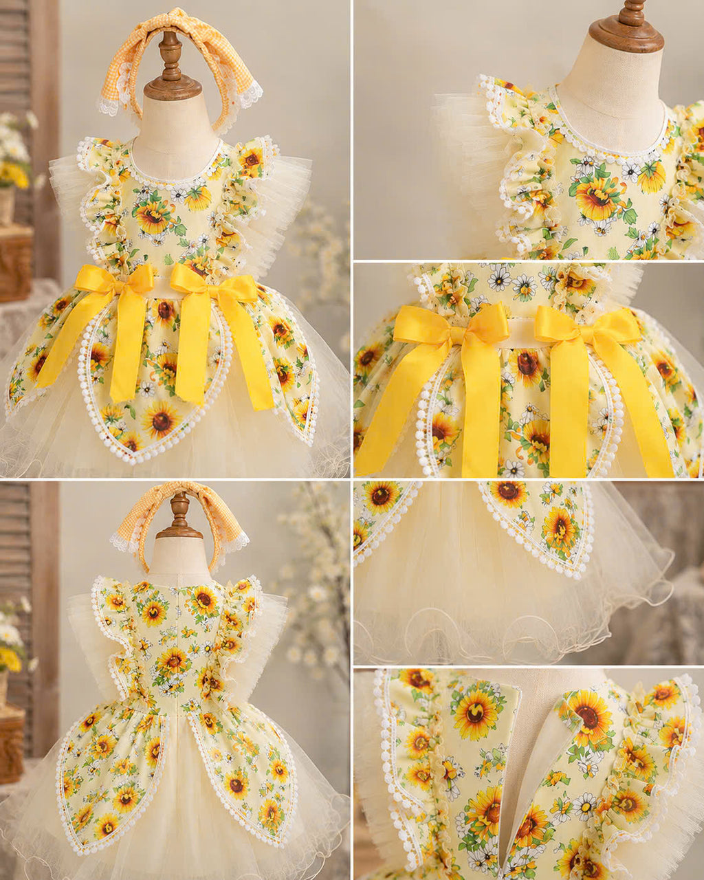 Sunflower Lolita Dress 0-5Y | Floral Tulle Baby Dress with Gingham Headband | Birthday & Photoshoot Outfit