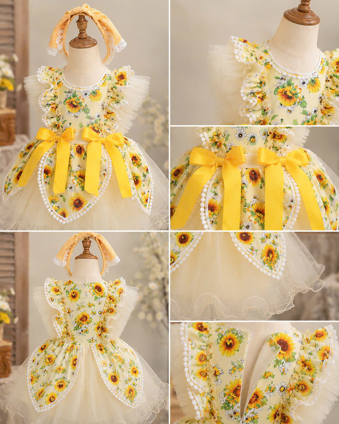 Sunflower Lolita Dress 0-5Y | Floral Tulle Baby Dress with Gingham Headband | Birthday & Photoshoot Outfit