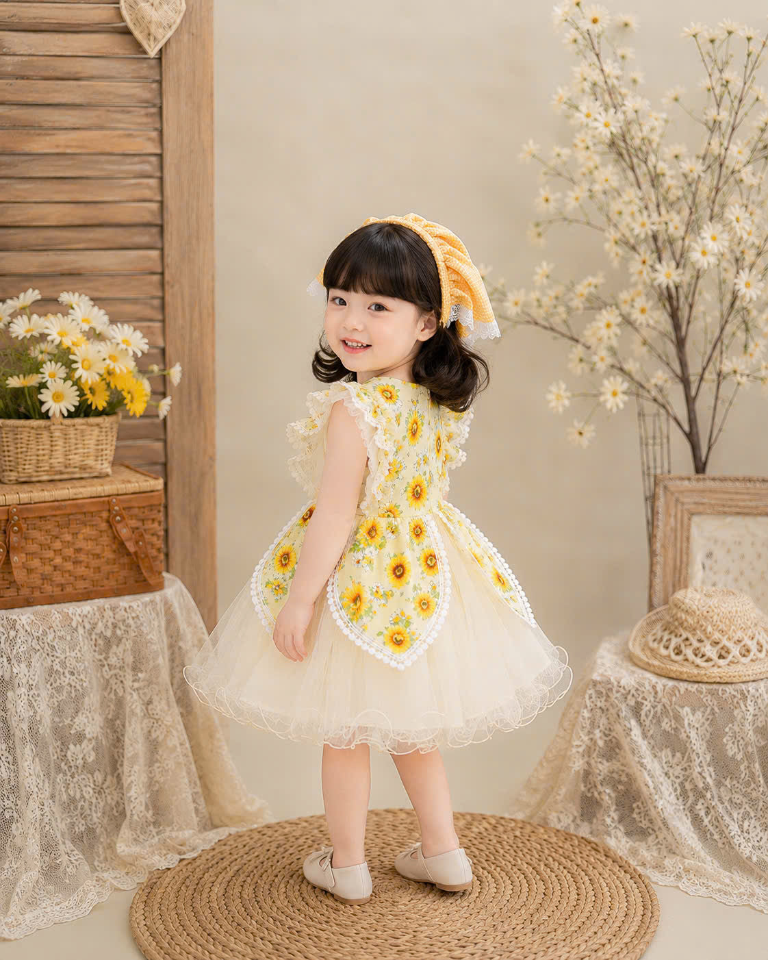 Sunflower Lolita Dress 0-5Y | Floral Tulle Baby Dress with Gingham Headband | Birthday & Photoshoot Outfit