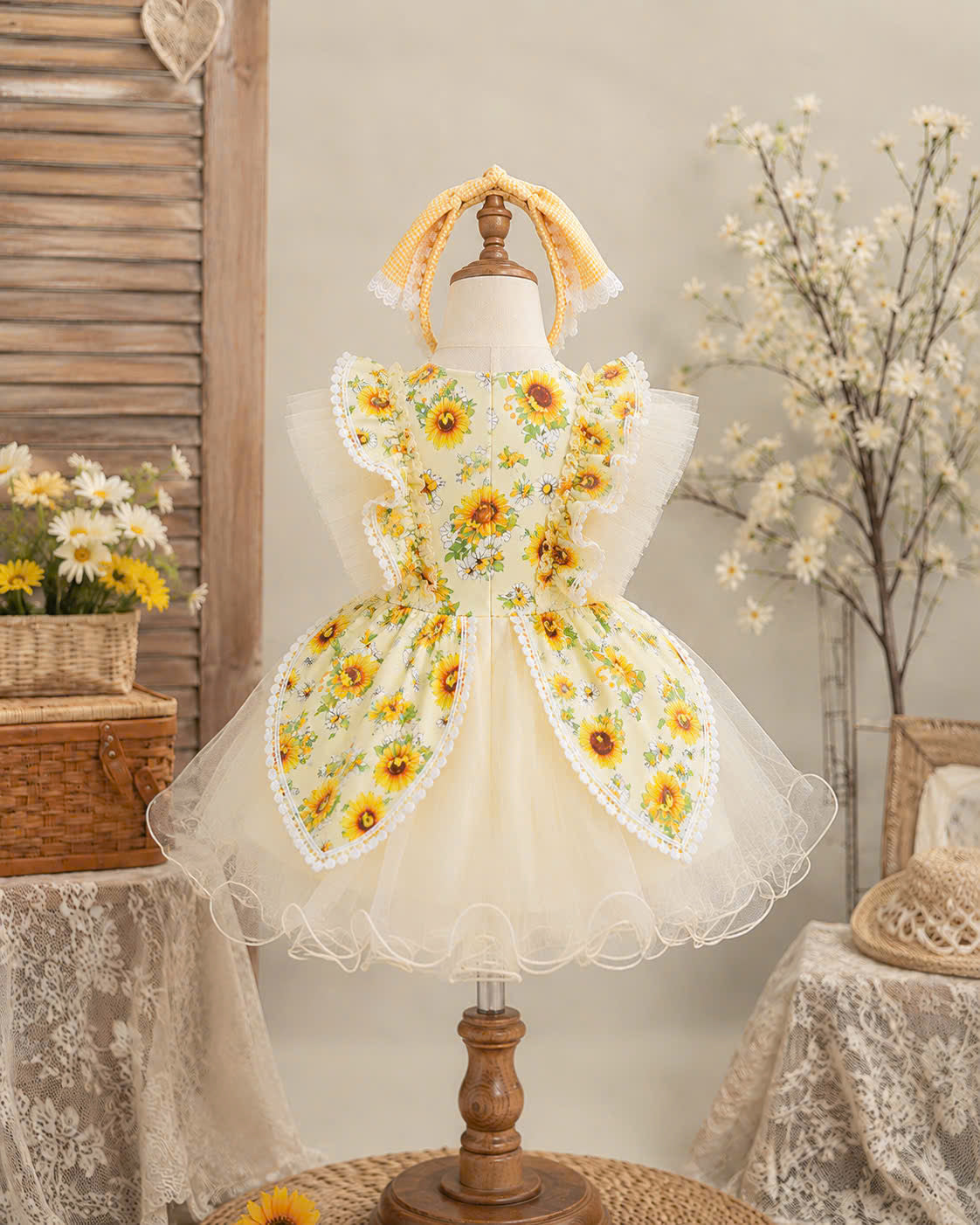 Sunflower Lolita Dress 0-5Y | Floral Tulle Baby Dress with Gingham Headband | Birthday & Photoshoot Outfit