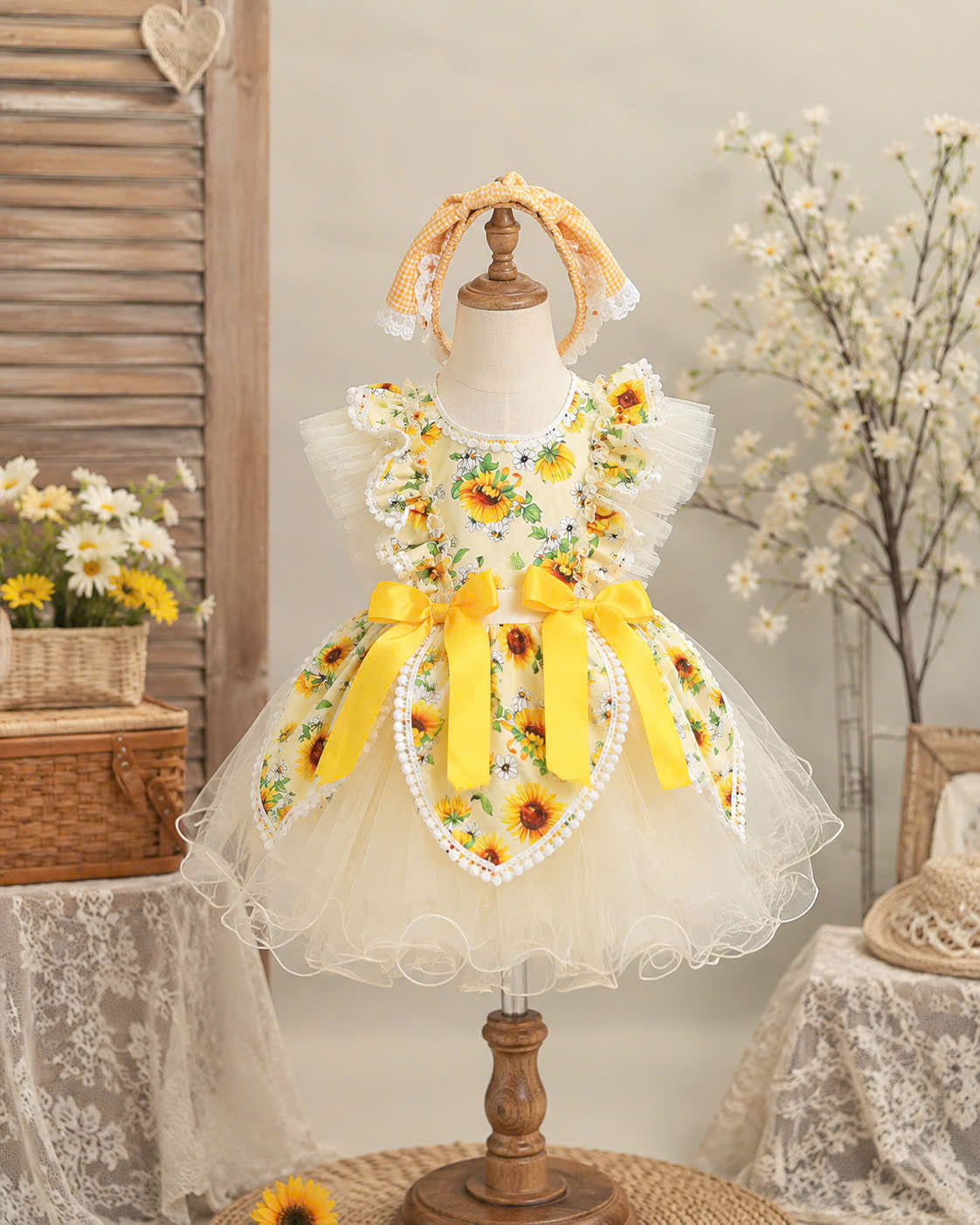 Sunflower Lolita Dress 0-5Y | Floral Tulle Baby Dress with Gingham Headband | Birthday & Photoshoot Outfit