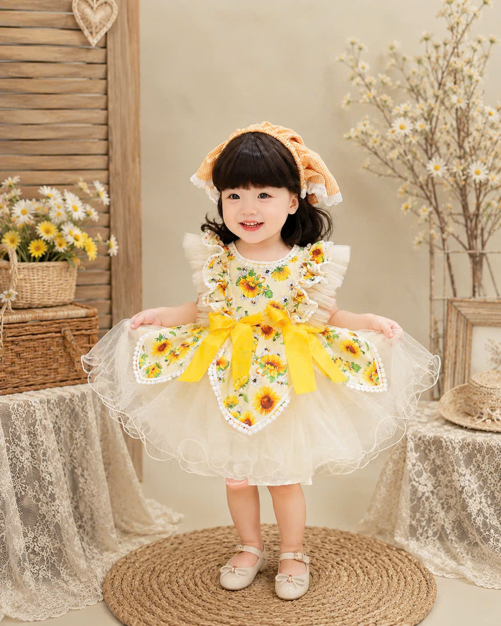 Sunflower Lolita Dress 0-5Y | Floral Tulle Baby Dress with Gingham Headband | Birthday & Photoshoot Outfit