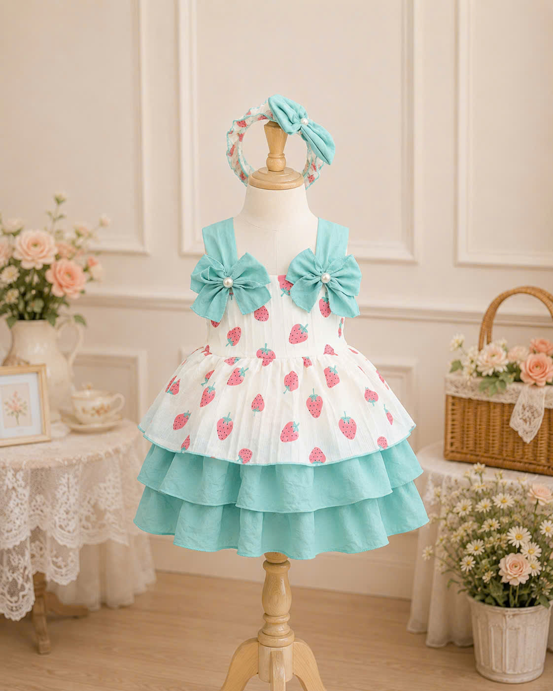 Strawberry Bliss Lolita Dress 0–4Y | Ruffle Baby Dress with Headband | Spring & Photoshoot Outfit
