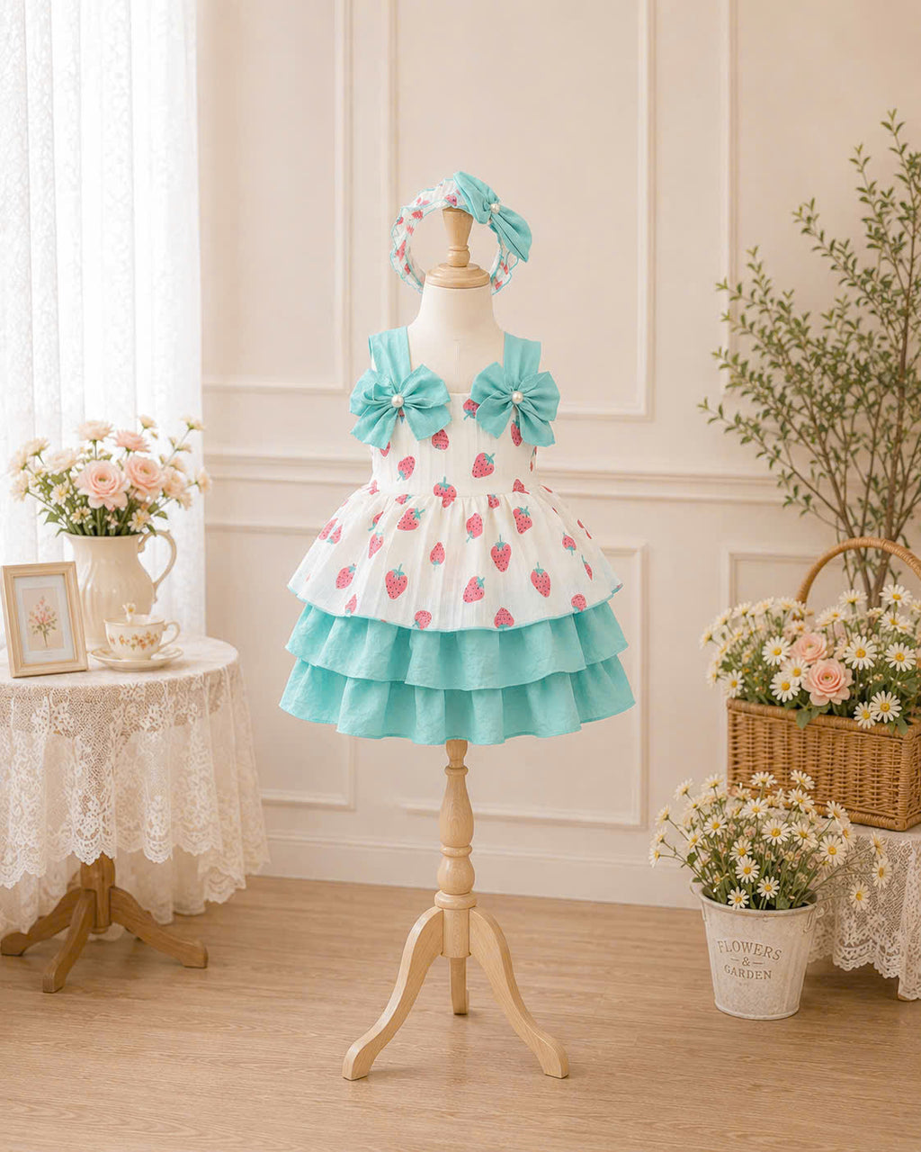 Strawberry Bliss Lolita Dress 0–4Y | Ruffle Baby Dress with Headband | Spring & Photoshoot Outfit