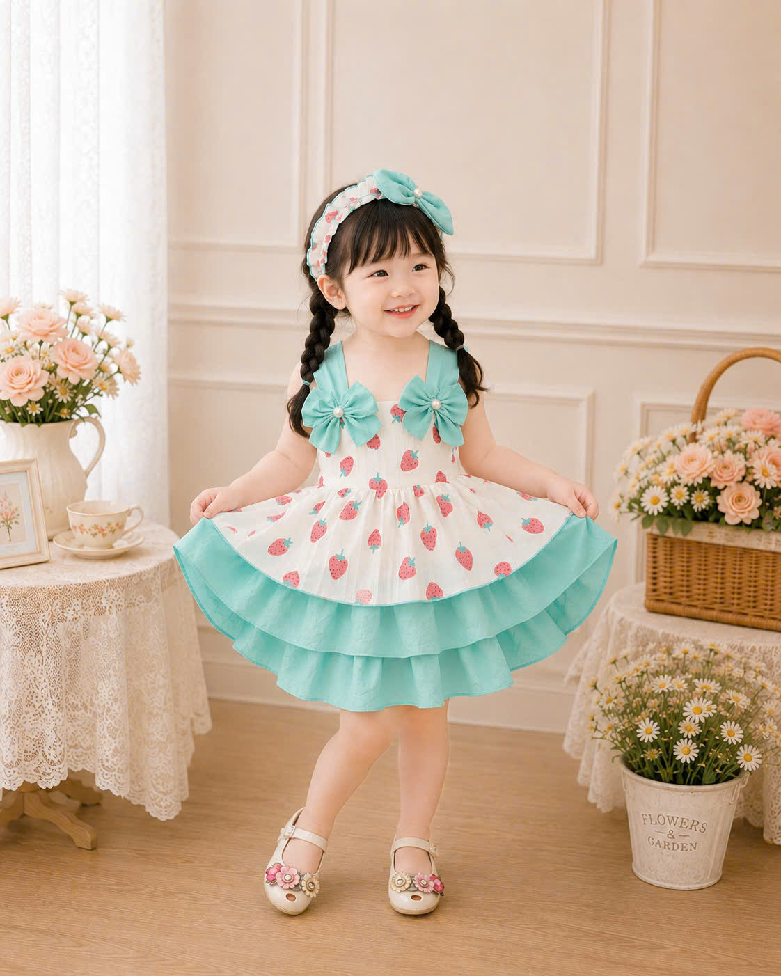 Strawberry Bliss Lolita Dress 0–4Y | Ruffle Baby Dress with Headband | Spring & Photoshoot Outfit