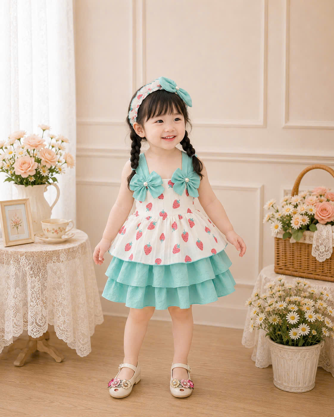Strawberry Bliss Lolita Dress 0–4Y | Ruffle Baby Dress with Headband | Spring & Photoshoot Outfit
