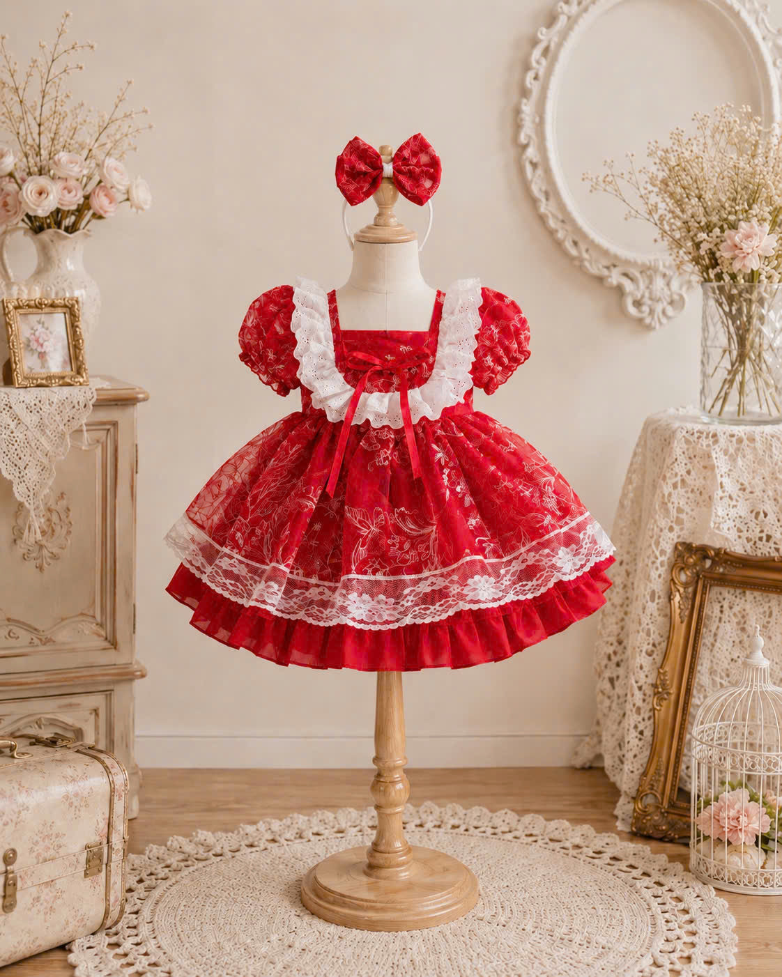 Scarlet Lace Princess Dress 3M-2Y | Red Floral Baby Dress | Photoshoot & Party