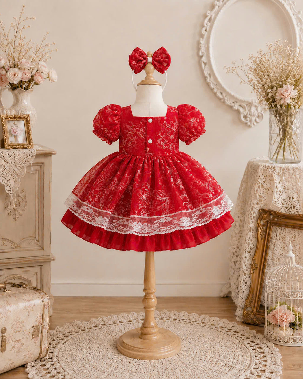 Scarlet Lace Princess Dress 3M-2Y | Red Floral Baby Dress | Photoshoot & Party