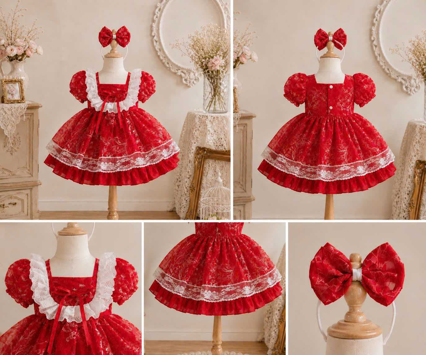 Scarlet Lace Princess Dress 3M-2Y | Red Floral Baby Dress | Photoshoot & Party
