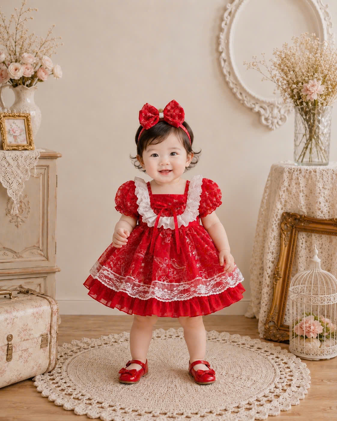 Scarlet Lace Princess Dress 3M-2Y | Red Floral Baby Dress | Photoshoot & Party