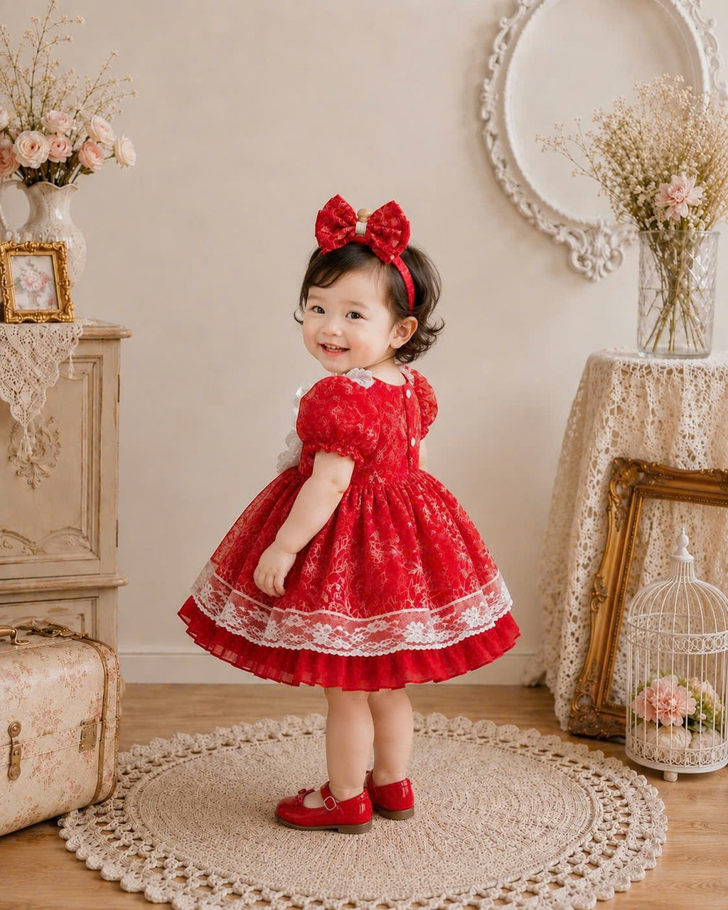 Scarlet Lace Princess Dress 3M-2Y | Red Floral Baby Dress | Photoshoot & Party