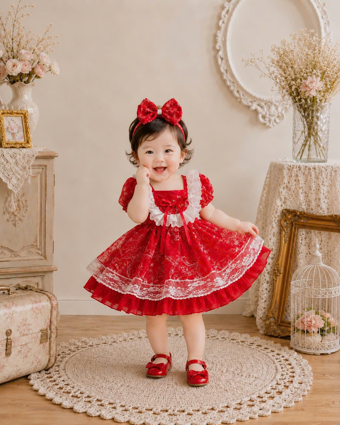 Scarlet Lace Princess Dress 3M-2Y | Red Floral Baby Dress | Photoshoot & Party