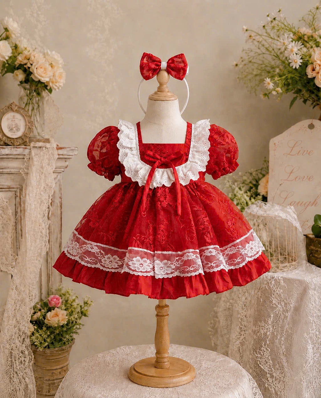 Scarlet Lace Princess Dress 3M-2Y | Red Floral Baby Dress | Photoshoot & Party