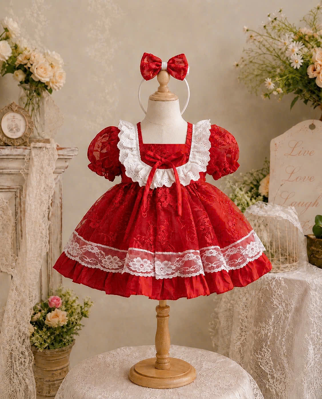 Scarlet Lace Princess Dress 3M-2Y | Red Floral Baby Dress | Photoshoot & Party