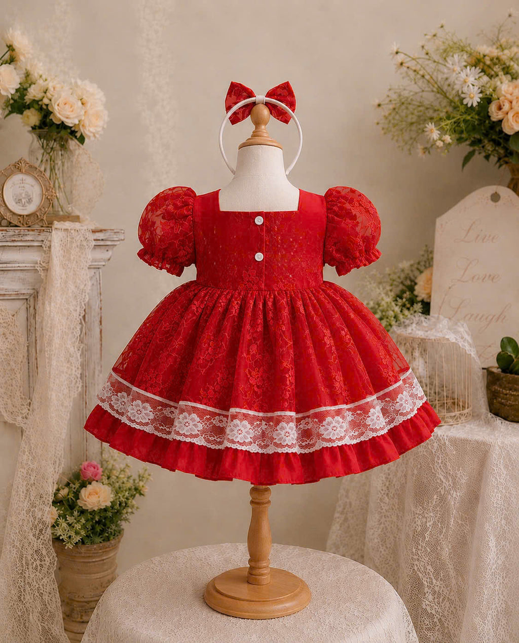 Scarlet Lace Princess Dress 3M-2Y | Red Floral Baby Dress | Photoshoot & Party