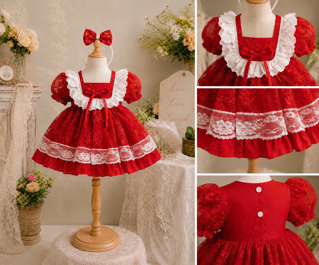 Scarlet Lace Princess Dress 3M-2Y | Red Floral Baby Dress | Photoshoot & Party