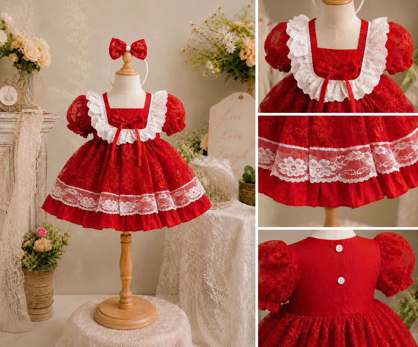 Scarlet Lace Princess Dress 3M-2Y | Red Floral Baby Dress | Photoshoot & Party