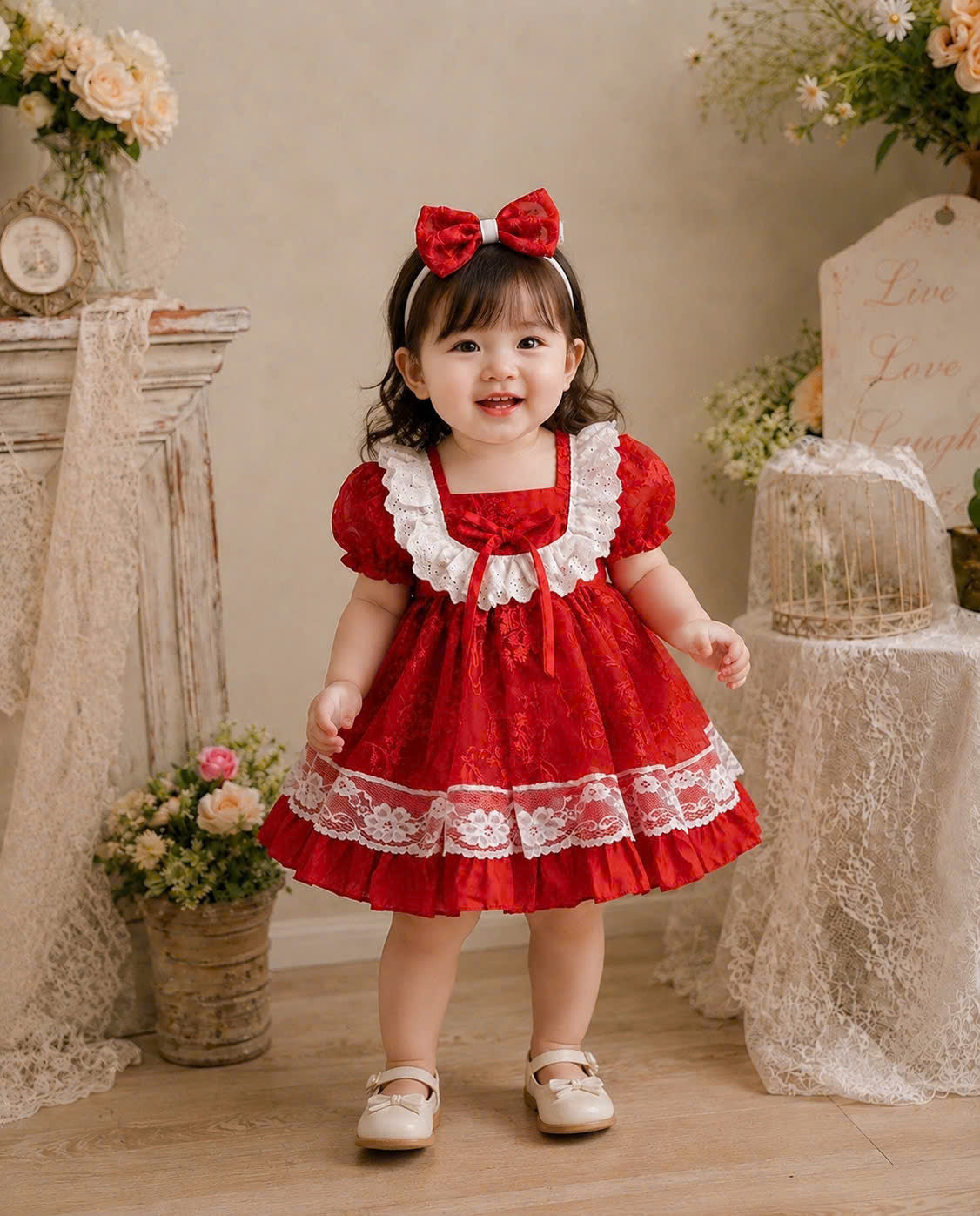Scarlet Lace Princess Dress 3M-2Y | Red Floral Baby Dress | Photoshoot & Party