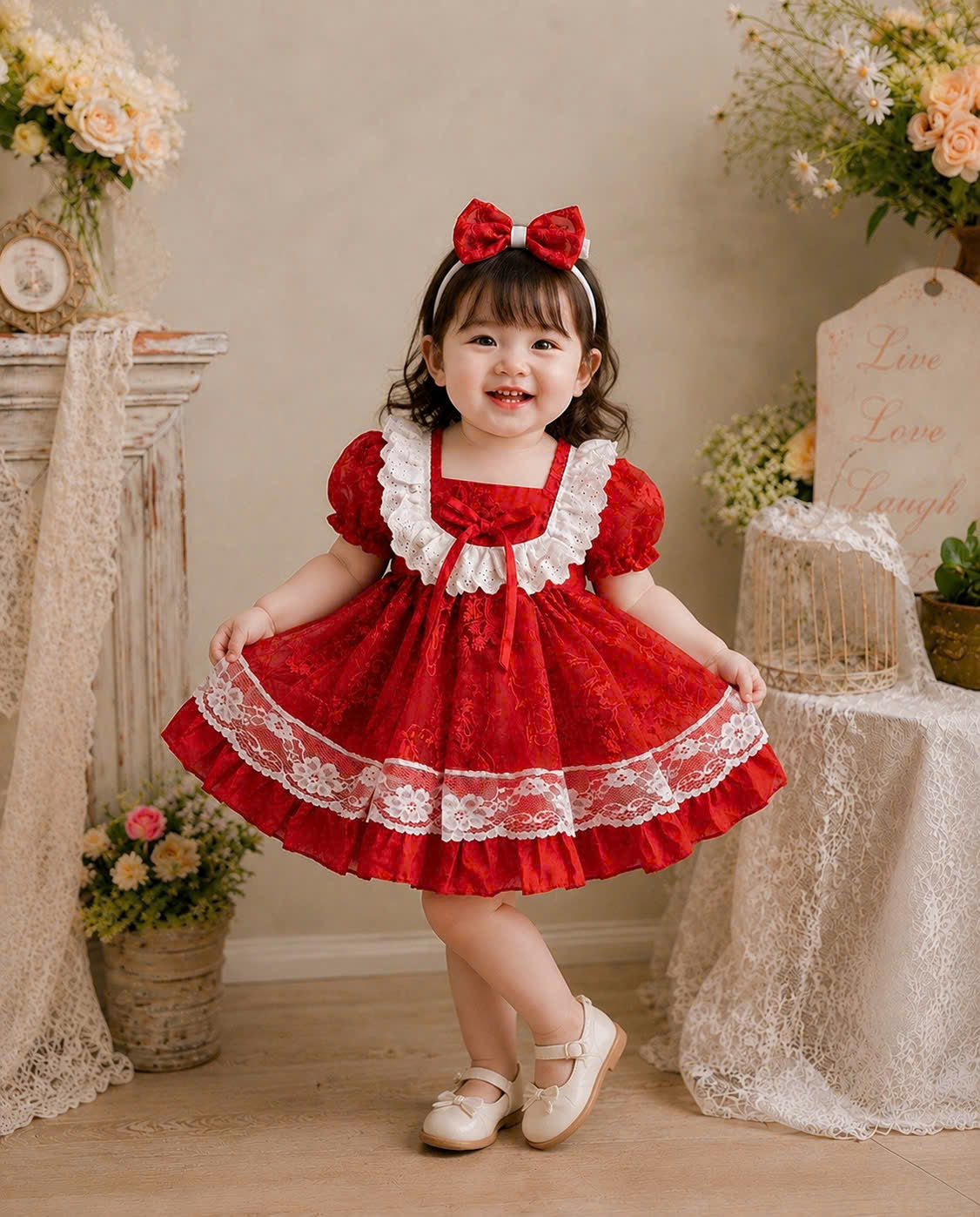 Scarlet Lace Princess Dress 3M-2Y | Red Floral Baby Dress | Photoshoot & Party