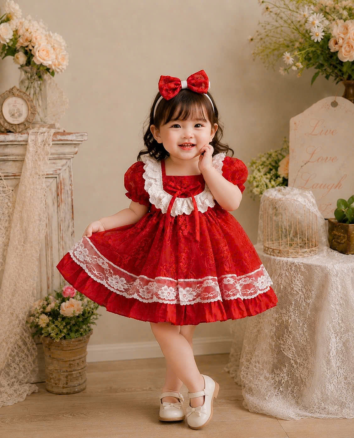 Scarlet Lace Princess Dress 3M-2Y | Red Floral Baby Dress | Photoshoot & Party