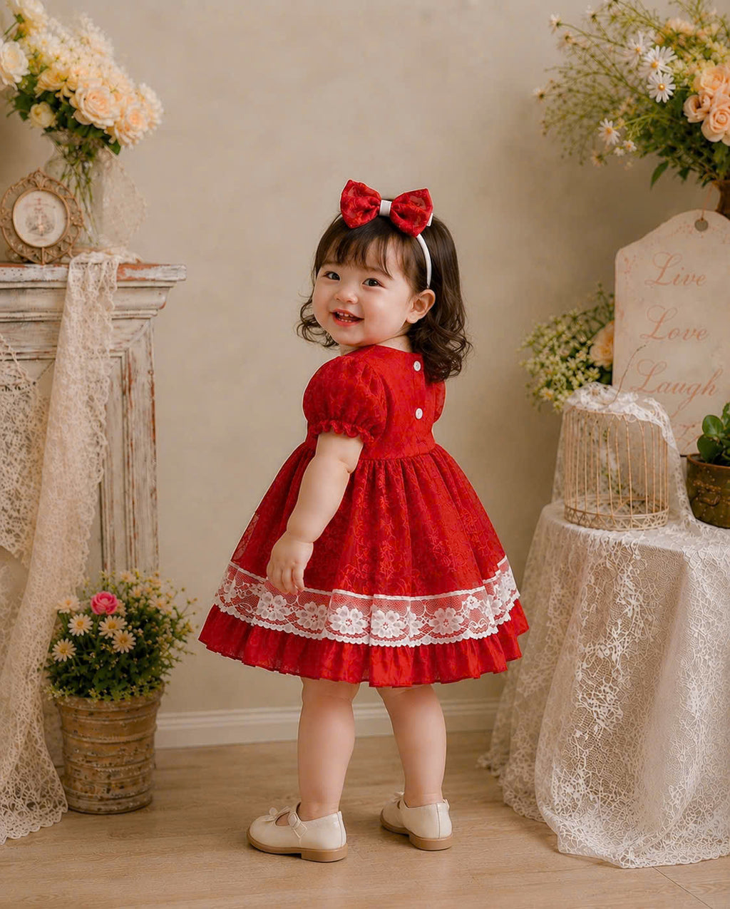 Scarlet Lace Princess Dress 3M-2Y | Red Floral Baby Dress | Photoshoot & Party