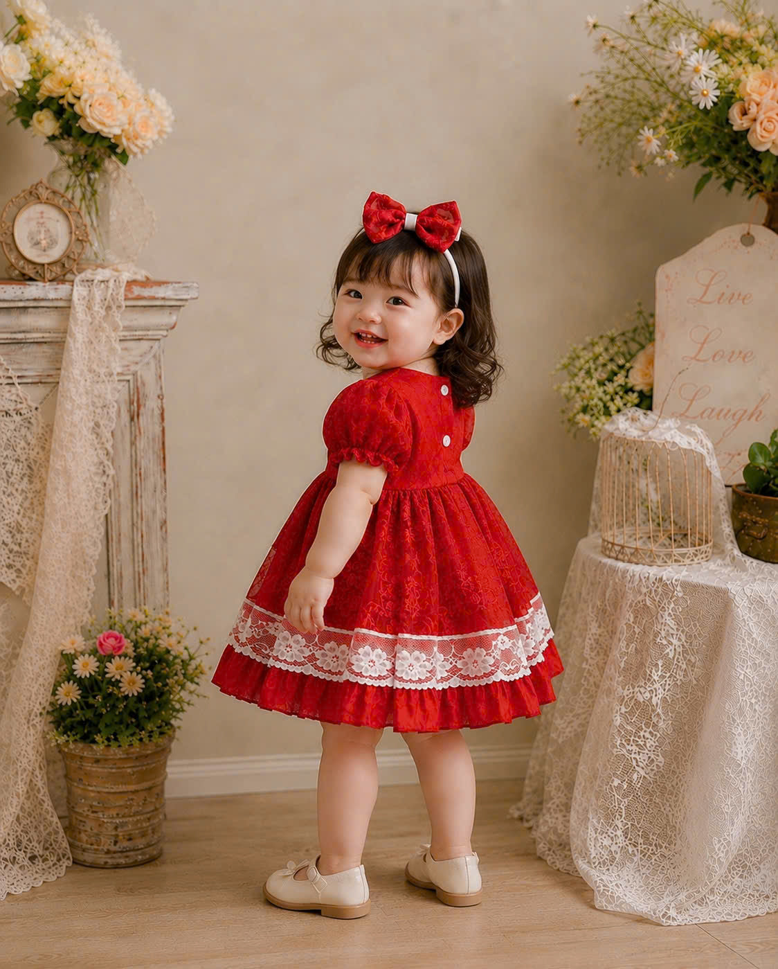 Scarlet Lace Princess Dress 3M-2Y | Red Floral Baby Dress | Photoshoot & Party