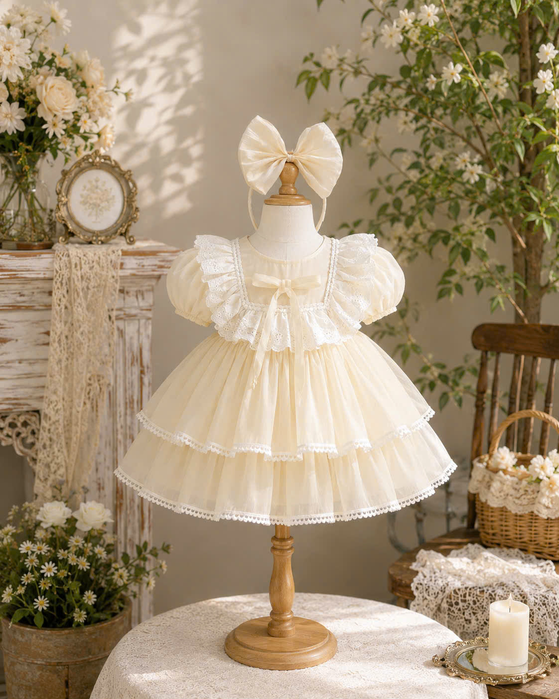 Petal Whimsy Dress 3M-2Y | Ruffle Lace Baby Dress | Beige & Pink Photoshoot Outfit