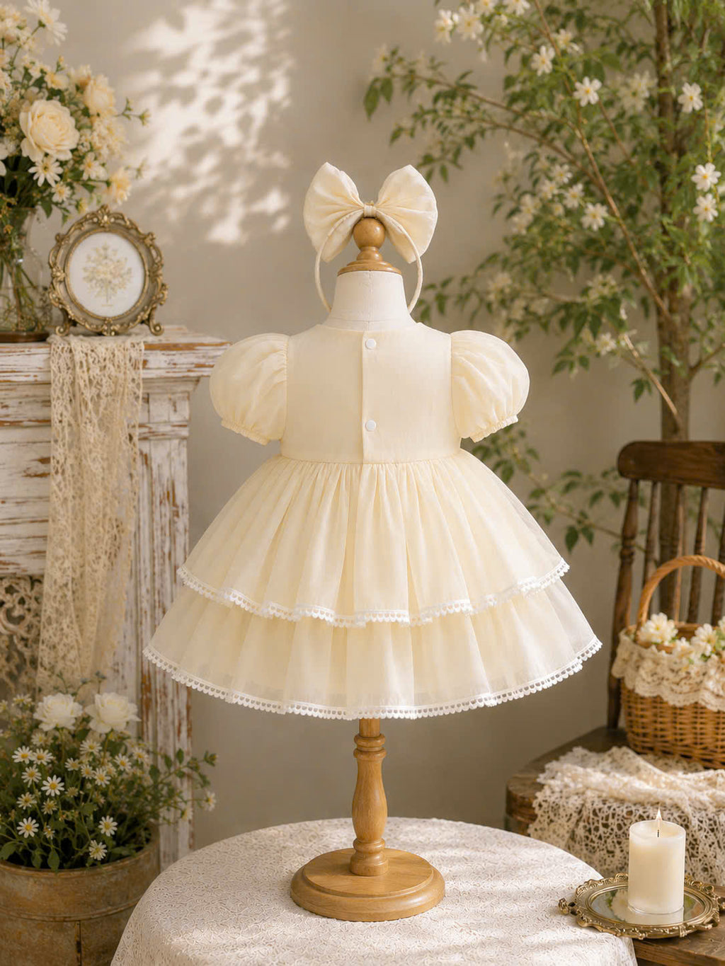 Petal Whimsy Dress 3M-2Y | Ruffle Lace Baby Dress | Beige & Pink Photoshoot Outfit