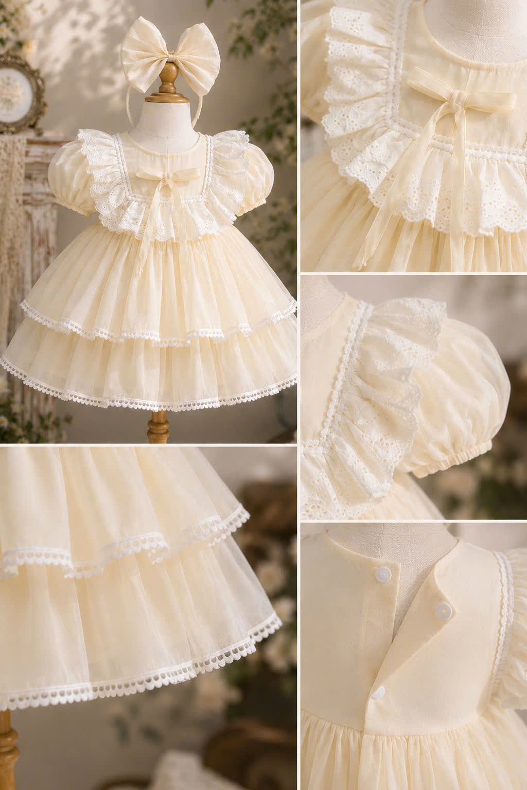 Petal Whimsy Dress 3M-2Y | Ruffle Lace Baby Dress | Beige & Pink Photoshoot Outfit