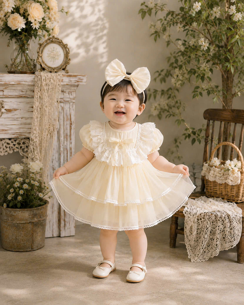 Petal Whimsy Dress 3M-2Y | Ruffle Lace Baby Dress | Beige & Pink Photoshoot Outfit