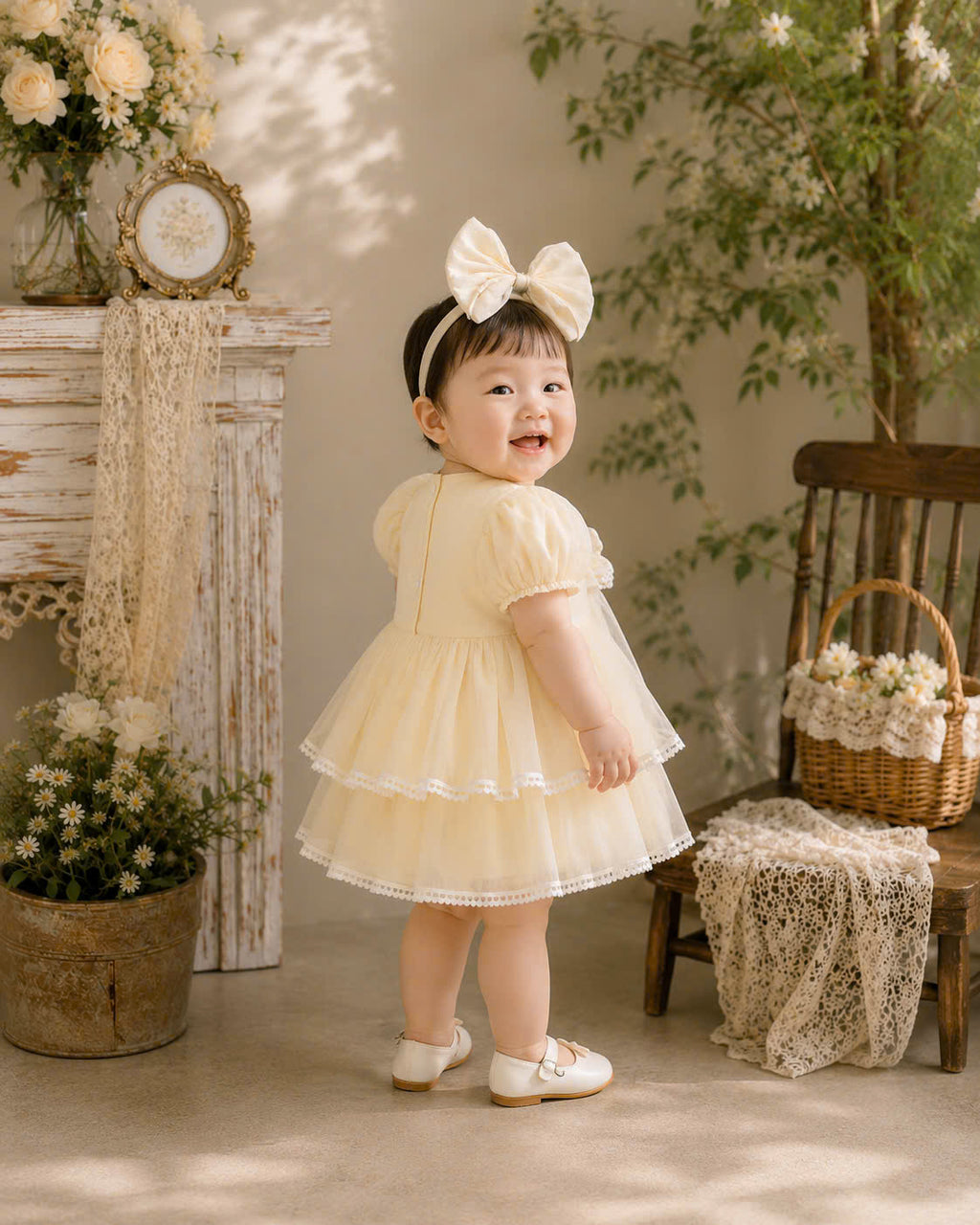 Petal Whimsy Dress 3M-2Y | Ruffle Lace Baby Dress | Beige & Pink Photoshoot Outfit
