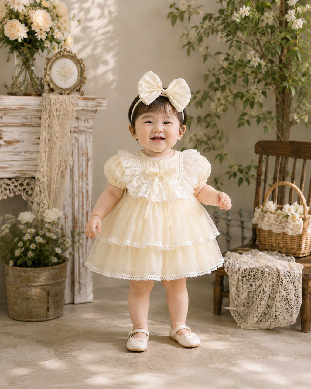 Petal Whimsy Dress 3M-2Y | Ruffle Lace Baby Dress | Beige & Pink Photoshoot Outfit
