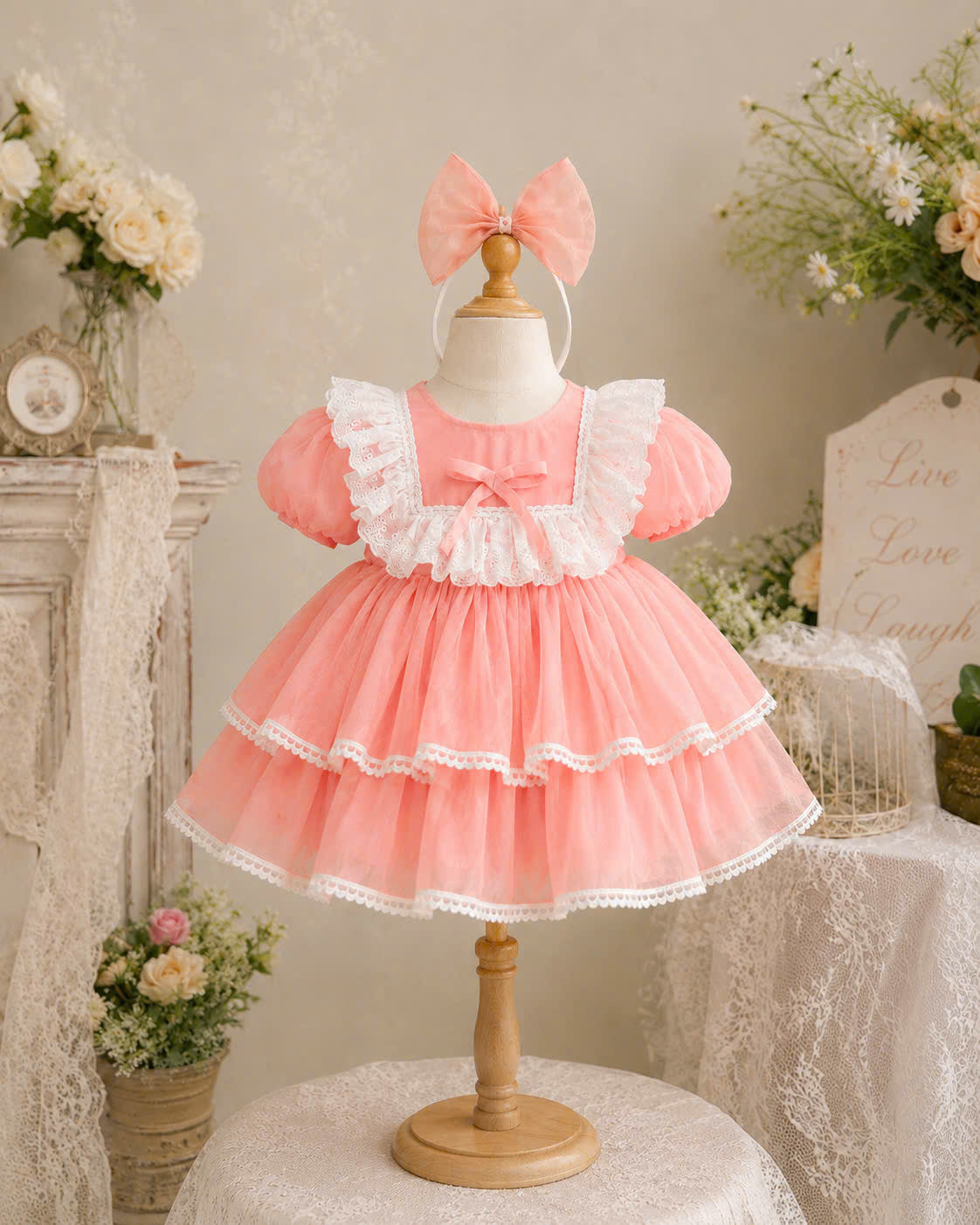 Petal Whimsy Dress 3M-2Y | Ruffle Lace Baby Dress | Beige & Pink Photoshoot Outfit