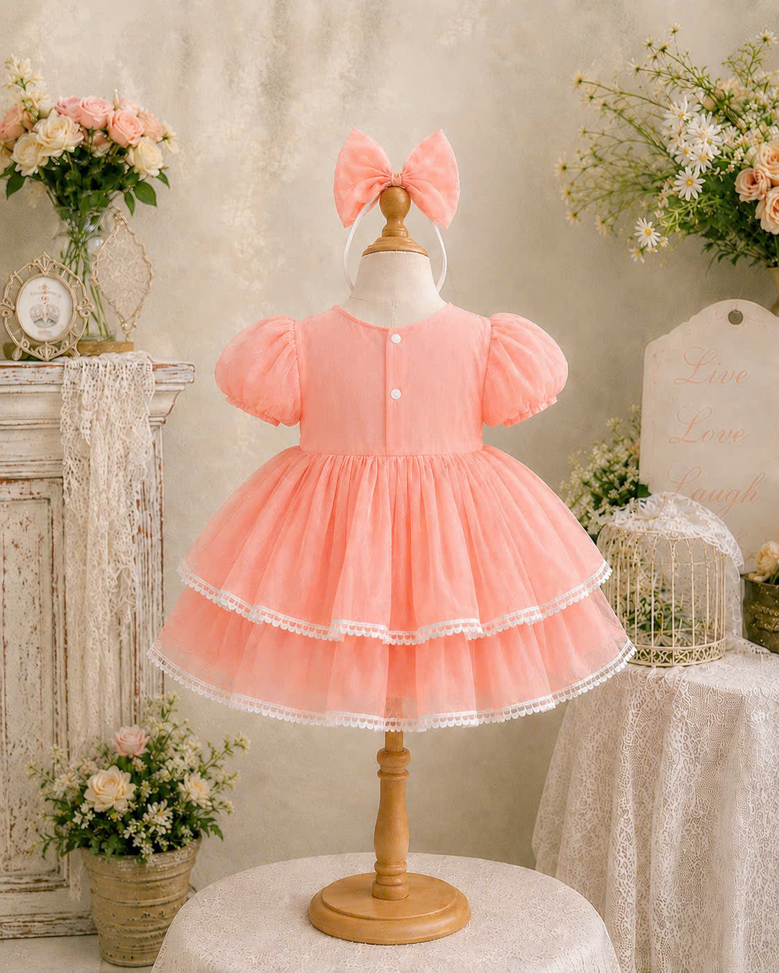 Petal Whimsy Dress 3M-2Y | Ruffle Lace Baby Dress | Beige & Pink Photoshoot Outfit