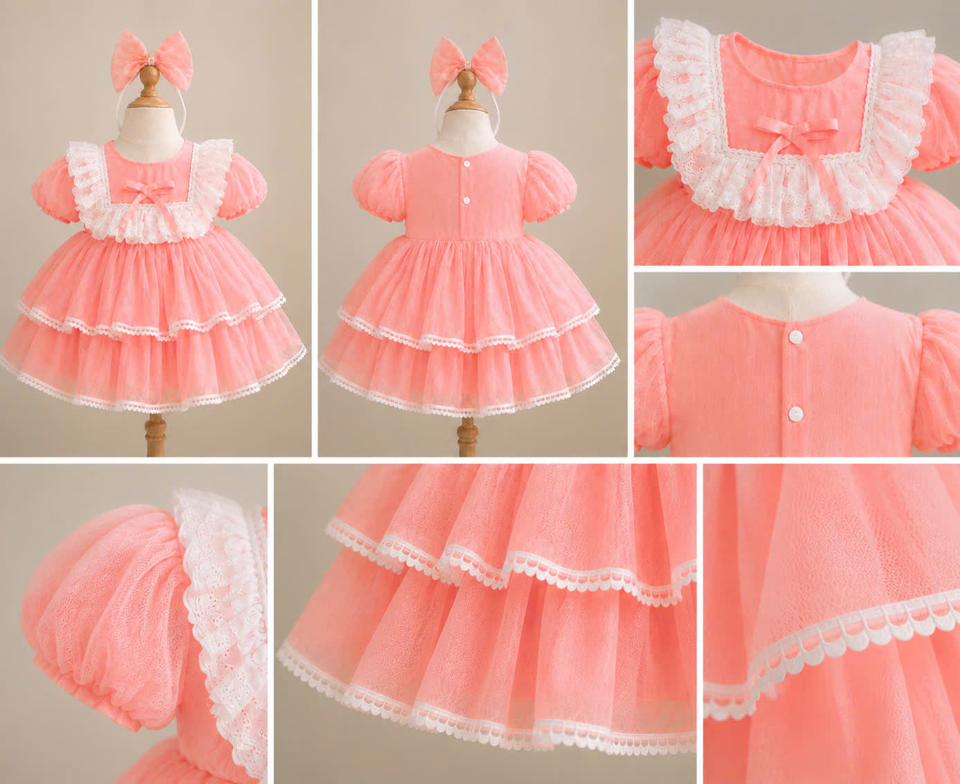 Petal Whimsy Dress 3M-2Y | Ruffle Lace Baby Dress | Beige & Pink Photoshoot Outfit