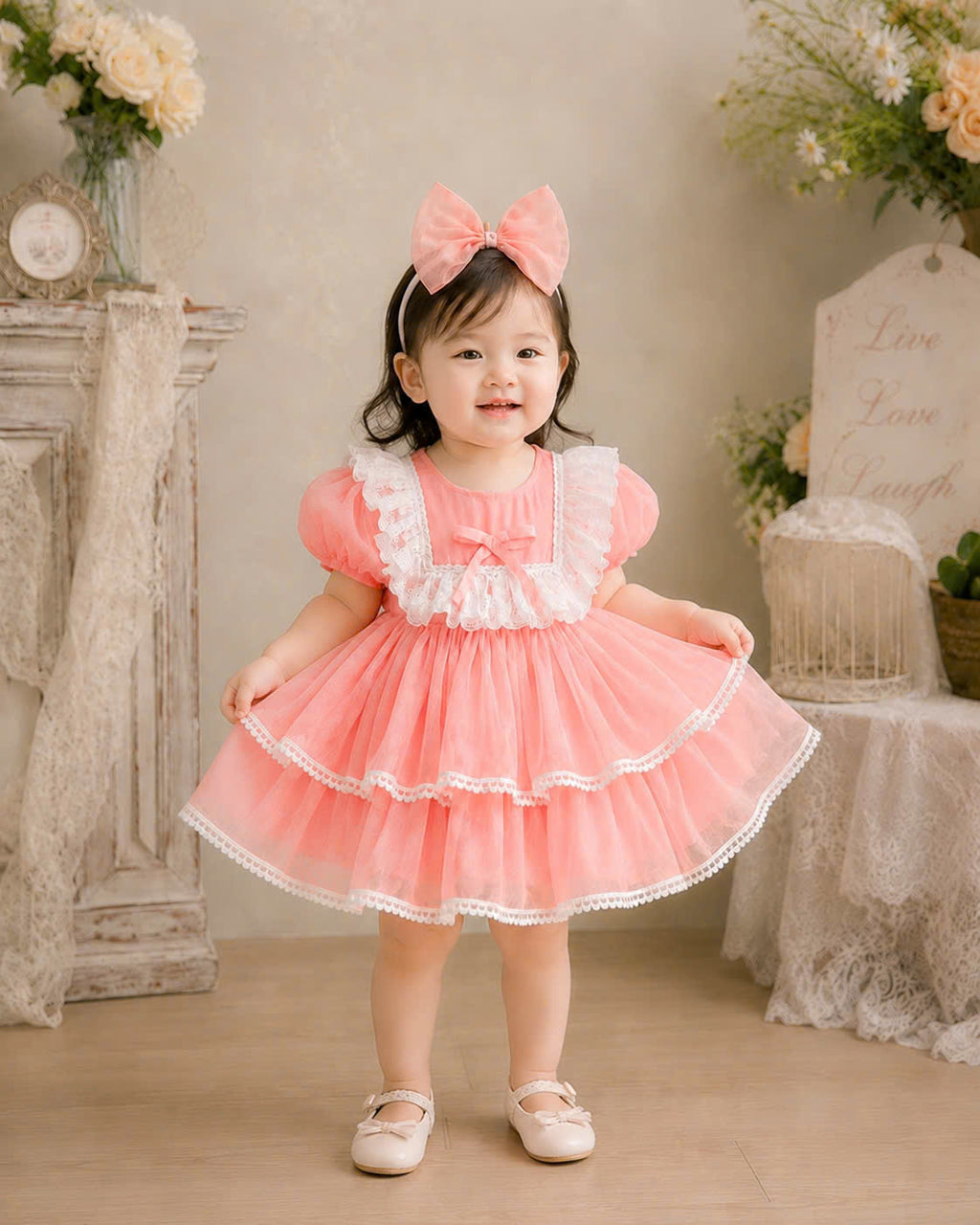 Petal Whimsy Dress 3M-2Y | Ruffle Lace Baby Dress | Beige & Pink Photoshoot Outfit