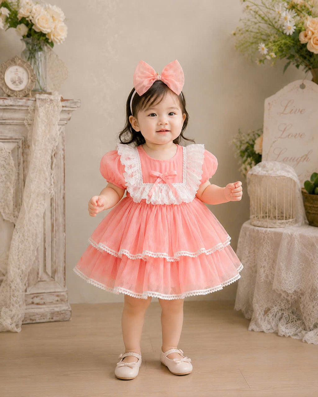 Petal Whimsy Dress 3M-2Y | Ruffle Lace Baby Dress | Beige & Pink Photoshoot Outfit